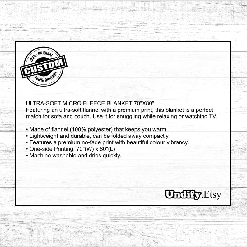 May include: A white sign with the text "ULTRA-SOFT MICRO FLEECE BLANKET 70"X80"" and product details. The sign also includes a "CUSTOM" stamp and the Etsy shop name "Undify.Etsy". The blanket is made of flannel and is machine washable.