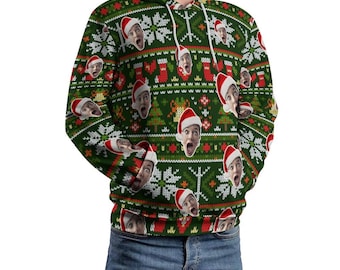 MOLETOM COM CAPUZ DE NATAL. Moletom com capuz feio, suéter engraçado, rosto espalhado aleatoriamente com chapéu de Papai Noel, foto personalizada, presente de Natal