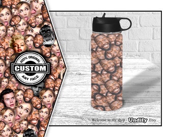 GARRAFA DE BEBIDA PERSONALIZADA (aço inoxidável isolado com tampa de canudo) Mashup facial Rostos personalizados por toda parte Férias de verão Academia Corrida Festival