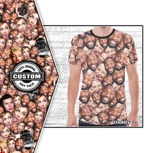 May include: A white t-shirt with a black crew neck collar and short sleeves. The shirt is covered in a pattern of faces, including a gorilla face. The text "100% ORIGINAL CUSTOM ANY FACE" is printed in a black circle on the shirt. The text "Welcome to my shop - Undify Etsy" is printed on the bottom of the shirt.