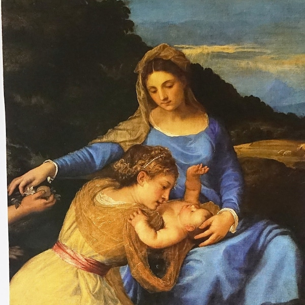 Feiner Siebdruck von Madonna mit Kind zwischen den Heiligen Giovannino und Caterina (Detail), von Tiziano Vecellio