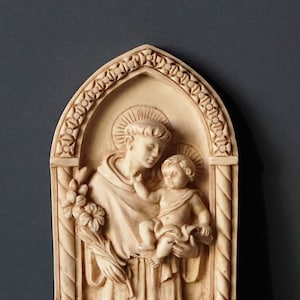 small stoup, with bas-relief of the icon of Saint Anthony of Padua, in 80s vintage alabaster