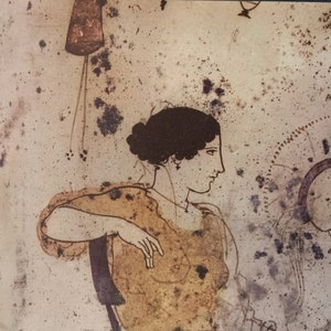 Impresión de una escena de la antigua Grecia, tomada de la cerámica del pintor de Aquiles, Lekythos