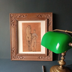 Picasso in cornice intarsiata di legno a mano con stampa  " PICASSO - muchacho desnudo con caballo , su carta tintoretto.