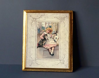 Framework with gilding on wood Victorian style illustration of a girl with a cat - Tirinnanzi Florence, 70s