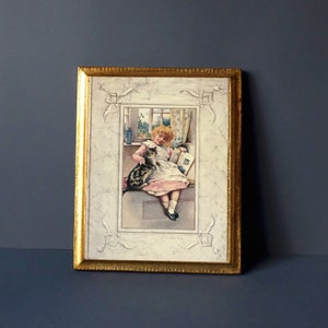 Quadro con doratura su legno illustrazione stile vittoriano di bambina con gatto - Tirinnanzi Firenze, anni 70