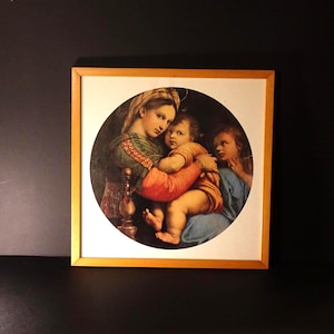 Picture in square wooden frame with round print “Madonna della Seggiola” (Raphael) with white passepartout Original Naples label