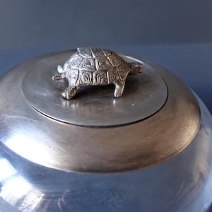 Vintage Blown Glass Jewelry Box with Metal Lid and Embossed Turtle - 1940s
