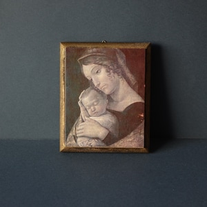 Vintage icon Madonna with sleeping Child (Mantegna) in Florentine style with inlay gilding and silk-screen printing on wood.