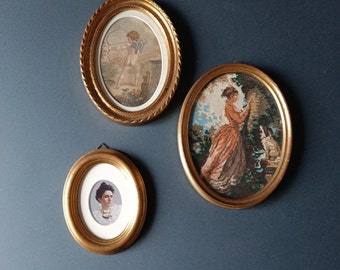 lot de 3 cadres ovales, avec sérigraphie d'Eros. tapisserie avec profil de dame et de femme, vintage en bois de Florence, or, effet craquelé antique