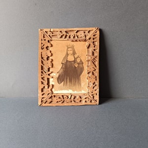 Sacred icon on book of Saint Patricia of Constantinople, in wooden frame (1960s)
