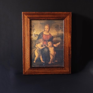 Cornice di legno effetto antico con icona sacra "Madonna del cardellino " di Raffaello - stampa su carta telata- anni 70