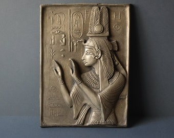 metal bas-relief of ancient Egypt wall fresco Queen Nefertiti prayer hieroglyph, the Great Bride of Rameses II
