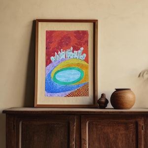 Cieli - Dipinto Originale di Vito Locaputo su Cartoncino Rigido, Tempera e Acrilico, Paesaggio Surreale con Città nel Cielo