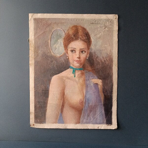 classic painting, nude with purple drape, oil painting on canvas, signed Sirio De Benedictis. 1982