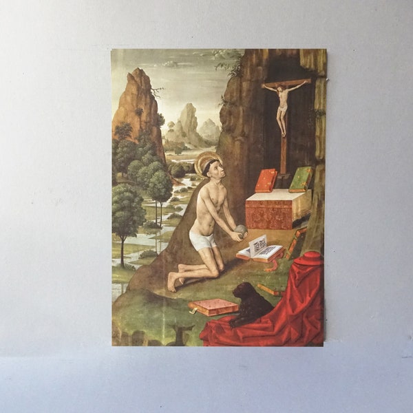 Büßender Heiliger Hieronymus, Kunstsiebdruck des Meisters von de la Sbo Urge (Ende des 15. Jahrhunderts) auf mattem Papier