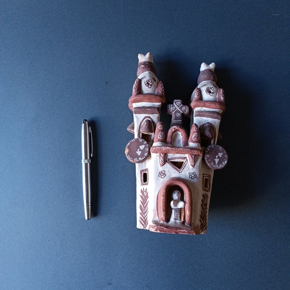 Vintage Peruvian Hand Painted Church Figurine Pottery