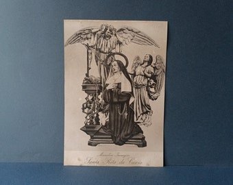 antique print of the sacred icon of Saint Rita of Cascia, monochrome, with angels - 1960s