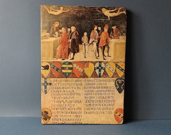 copy of medieval fresco on wood with silkscreen - decoupage craquelle antique effect. The Council Finances in Times of War and of Peace