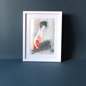 Dipinto figurativo tra rosso e ombre, parte della serie "Eros" dell'artista Antonella Errico. Realizzato su carta vintage con tecnica mista