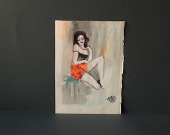 Arte figurativa, pintura original feita à mão com técnica mista, série "Eros", executada em papel vintage por Antonella Errico