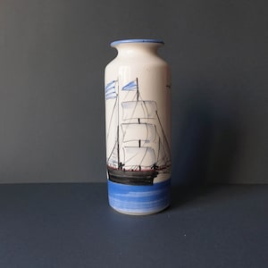 Kefalonian vase with hand-painted ceramic sailing ship and flying seagulls - Greece, 1990