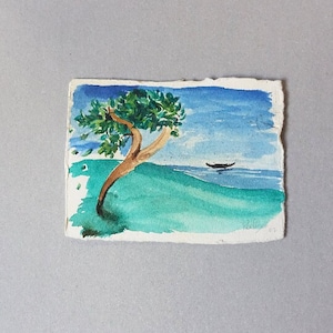Acquarello dipinto a mano "l'albero ed il mare", opera originale su carta e firmato a mano da Pasquale Scognamiglio, 2008
