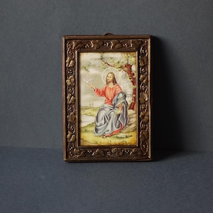 immagine sacra di Gesù risorto, su cartolina viaggiata 1963 - Buona Pasqua, con cornice rame/bronzo stile liberty.