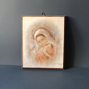 Peinture sur bois de la Vierge à l&#39;enfant par Carlo Parisi, sérigraphie sur bois et effet antique