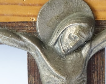 Vintage 1970s metal crucifix on wooden cross