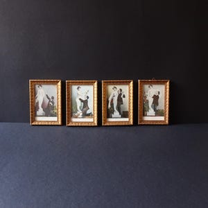 Conjunto de 4 molduras douradas vintage, madeira artesanal com estampas vintage originais, cartões postais antigos românticos do início dos anos 1900