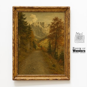 Paesaggio alpino vintage 50×70 cm – stampa arte montagna, sentiero autunnale, poster rustico parete, regalo amante natura