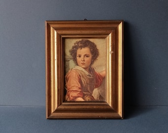 vintage wooden frame with antique print of the sacred icon of the good shepherd - Baby Jesus, by Murillo. Madrid in the 70s