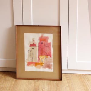 Case intrecciate, arte urbana di Ravello, acquerello, pastello e matita su litografia e colori, eseguita a mano, Rinaldo Frank Burattin 1962