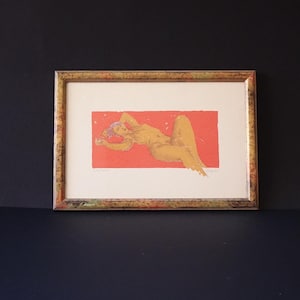 Incisione Originale di Lorenzo Guerrini – Nudo Femminile a Colori – Firmata e Numerata 70/79 – Cornice Dipinta Vintage