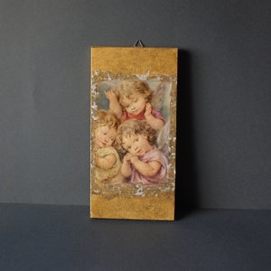 three angels with lantern (detail) postal image, with hand-gilded inlay and silk-screen printing on wood