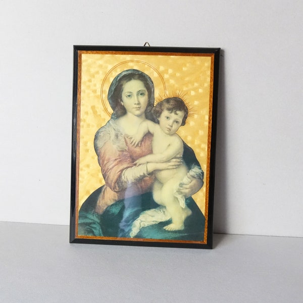 Heilige Ikone eingelegt in handgefertigtes, poliertes Holzbrett – Madonna mit Kind von Murillo, Vintage-Objekt aus Sorrent aus den 80er Jahren