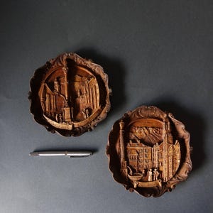 Pair of wooden sculptures of the landscape of Innsbruck, Austria on hand carved wood - original wood carved in Austria, 1970.