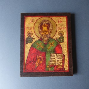 ancient Byzantine icon of Saint Nicholas, hand painted with egg tempera on walnut wood and 24k gold leaf