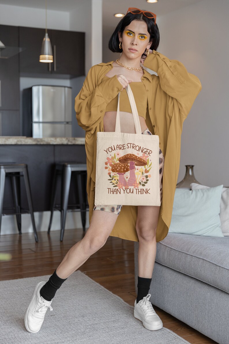 You Are Stronger Than You Think Mushroom Tote Bag Mushroom Tote Cottage Core Positive Affirmation Inspirational Tote Motivational Quote image 3