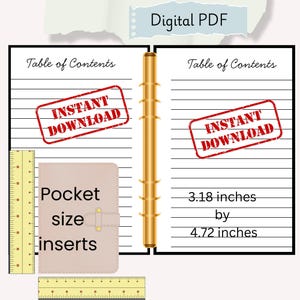 Op de afbeelding: Digitale PDF-plannerinzetstukken. De afbeelding toont een plannerinzetstuk van zakformaat met de tekst "Pocket size inserts". De inzet meet 8,08 cm bij 12,00 cm. De woorden "Instant Download" zijn op de pagina's gestempeld.