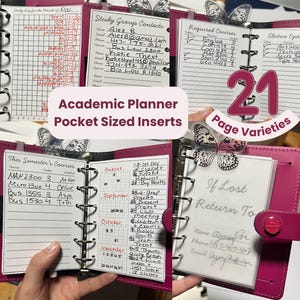 Paket med 21 fickformatinlägg för akademisk planerare, neutral stil för universitet - studielogg, uppgiftsspårare, kontakter, programchecklista
