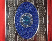 Blue Oval Design Jewel Rhinestone Bling Metal 100 39 s Size Cigarette Case Money Stash Box Business Card Holder Credit Card Case