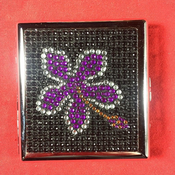 Black Purple Flower Leaf Design Jewel Rhinestone Bling Metal King Size Cigarette Case Money Holder Stash Box