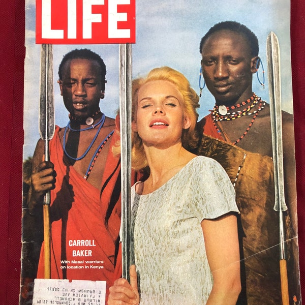 July 17 1964 Life Magazine Caroll Baker With Masai Warriors in Kenya on Cover Vintage Original Great Birthday Anniversary Gift Idea