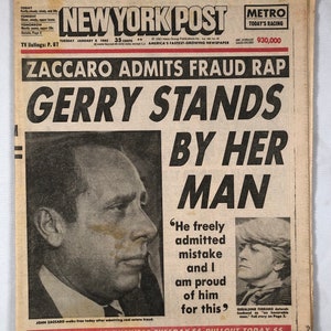 January 8 1985 New York Post Newspaper Gerry Stands By Her Man Headline John Zaccaro Geraldine Ferraro Hoyt Wilhelm Lou Brock on Back Page