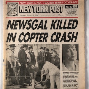 23 ottobre 1986, quotidiano del New York Post Jane Dornacker Newsgal uccisa nell'incidente di un elicottero Titolo Gary Carter Indietro Pagina