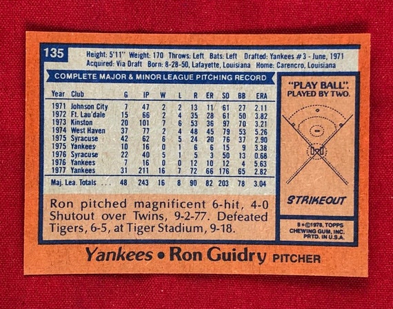 Vintage 1978 Topps Ron Guidry Baseball Card 135 Great Gift 