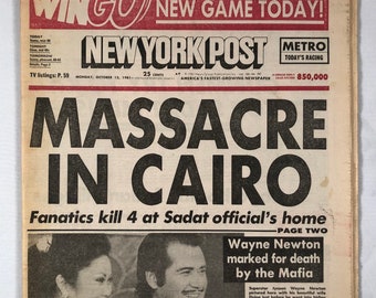 August 12 1981 New York Post Newspaper Massacre in Cario Headline Wayne Newton Marked For Death by The Mafia Reggie Jackson on Back Page