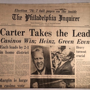 3. November 1976 Die Zeitung von Philadelphia Inquirer Carter übernimmt die Führung in der Cover-Schlagzeile Vintage Präsident Diry Carter Original Komplett